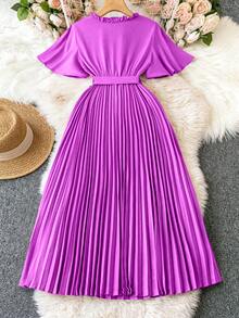 Celure Đầm mùa hè thanh lịch dành cho nữ cỡ lớn, màu trơn, cổ chữ V xếp lớp, tay áo loe, viền bèo nhún. - Màu tím - Xem 2