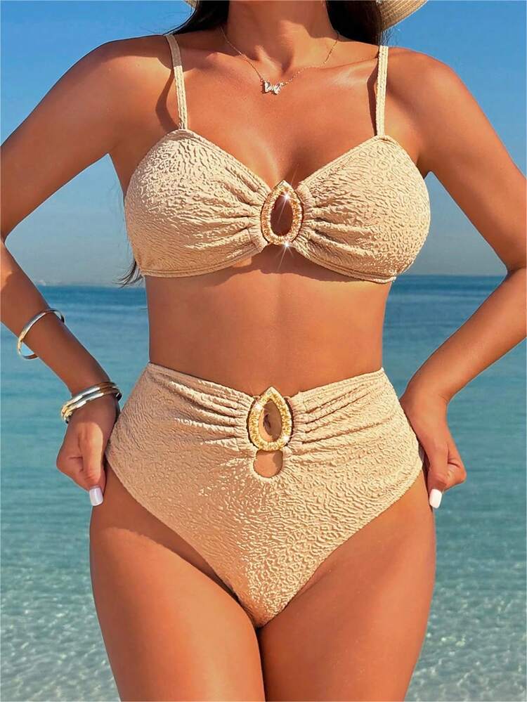 Women Solid Color Simple Daily Bikini Set, Random Cut,Summer Beach