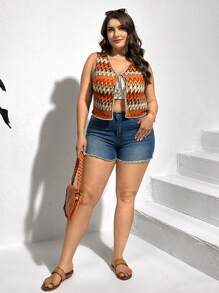 SHEIN Essnce Plus Size Summer Smock Vest, Hawaiian Vest Resort Style,Summer Tops Swimsuit Cover Up Summer Cardigan - Orange - View 6