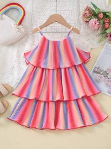 SHEIN Vestido de Verão Fascinante de Camisola Sem Mangas, Colorido com Plissado Soltinho de Camadas para Jovens Meninas Fashionistas