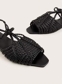 Women Black Handmade Woven Strap Flat Sandals, Random Weaving Pattern - Black - View 4