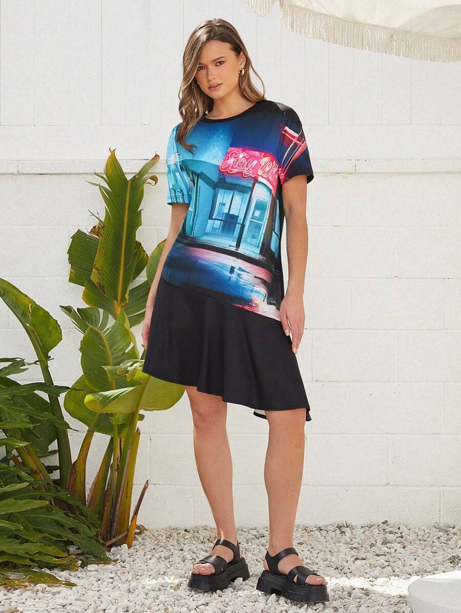 Forever 21 女士不对称下摆印花连衣裙 - 彩色 - 查看 1