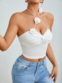 SHEIN PETITE Women Summer Plain Colored Cross Halter Neck Tank Top With Twisted Front Detail And Floral Embellishment