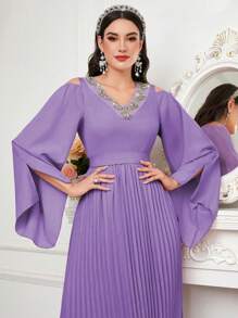Modelyn Vestido de fiesta para mujer con brillo, cuello en V, pliegues y decoración de pedrería - Morado - Ver 6