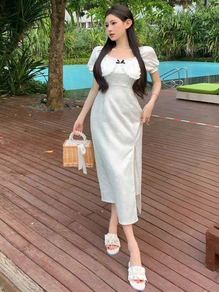 Women Solid Color Lace Jacquard Short Sleeve Summer Dress Sundress, Casual Women Dress