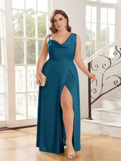 SHEIN Belle Elegante vestido de dama de honor de talla grande con cuello asimétrico oscilante y abertura alta en el costado