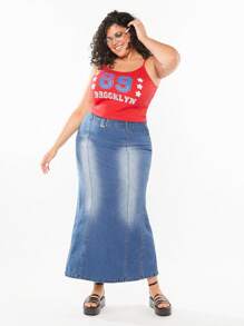 Forever 21 Plus Size Women Vintage Campus Fish Tail Long Denim Skirt For Summer - Blue - View 6