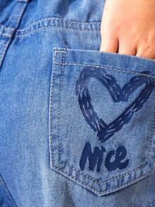 Jeans de moda retro con estrellas y corazones impresos dulces y geniales para niñas preadolescentes, anchos y casuales para todos los estilos. - Azul lavado medio - Ver 5