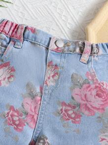 SHEIN Young Boy Casual Street Fashion Flower Print Washed Denim Baggy Jeans For Vacation And Dailywear - Blue - View 5