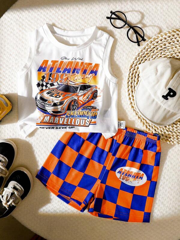 2pcs New Spring/Summer Race Car Checkered Sports Streetwear Outfit Set For Baby Boys, Daily Casual Wear In Japanese, European And American Styles