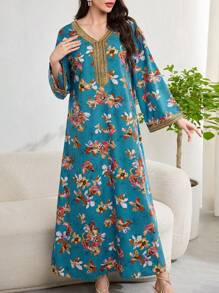 Al Najma Đầm Ả Rập dài tay in hoa thanh lịch kiểu Ả Rập rộng rãi kín đáo cho nữ - Màu xanh lam - Xem 7