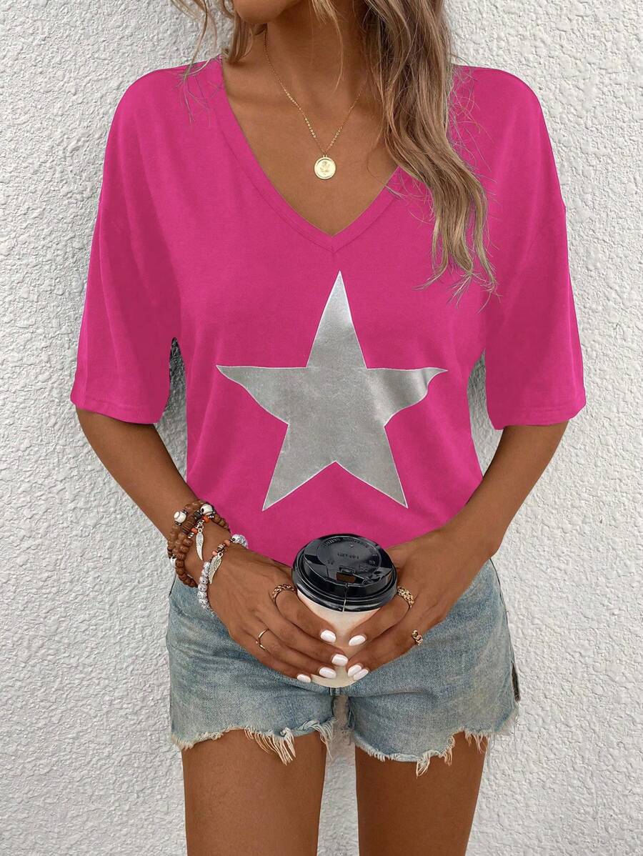 SHEIN LUNE 女士五角星印花V領短袖休閒T卹，適用於夏季