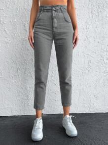 EURMUSE Paperbag Waist Mom Fit Jeans - Grey - View 3