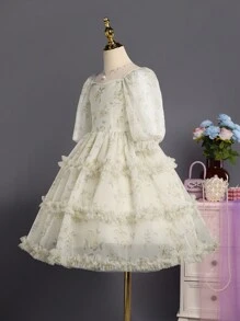 SHEIN Vestito da principessa maxi con stampa floreale in organza, maniche a palloncino, orlo con volant, adatto per vacanze, esibizioni, matrimoni, feste, tutto l'anno, per ragazze pre-adolescenti - Giallo - Visualizzare 3