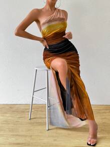 Chiquease Sexy Tie-Dye Pleated Bodycon Dress With Side Slit For Summer - Mustard Yellow - View 5
