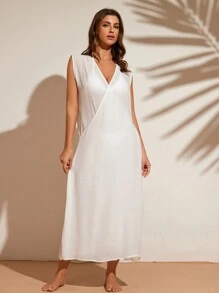 SHEIN Swim Sarung Panjang Tanpa Lengan Warna Polos untuk Liburan Musim Panas - Putih - View 3