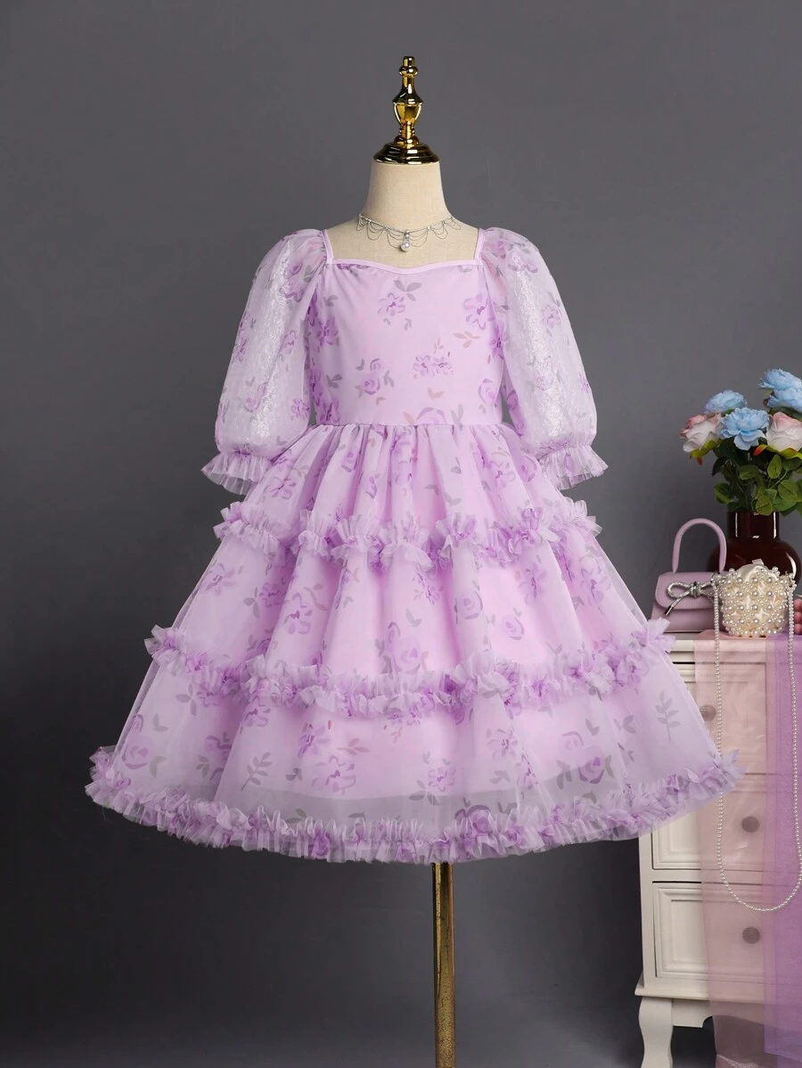 SHEIN Tween Girls Floral Print Chiffon Dress With Puff Sleeves And Frill Trim For Tween Girls, Suitable For Vacation, Performance, Wedding, Party, All Seasons - Purple - View 1