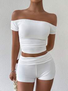 SHEIN EZwear 女士夏季純色露肩短上衣和短褲套裝，褶皺設計 - 白色 - 查看 3