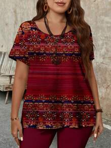 EMERY ROSE Plus Size Women's Summer Casual Retro Pattern T-Shirt And Capri Leggings Slim Fit 2pcs Set,Flower/Vacation/Spring - Burgundy - View 4