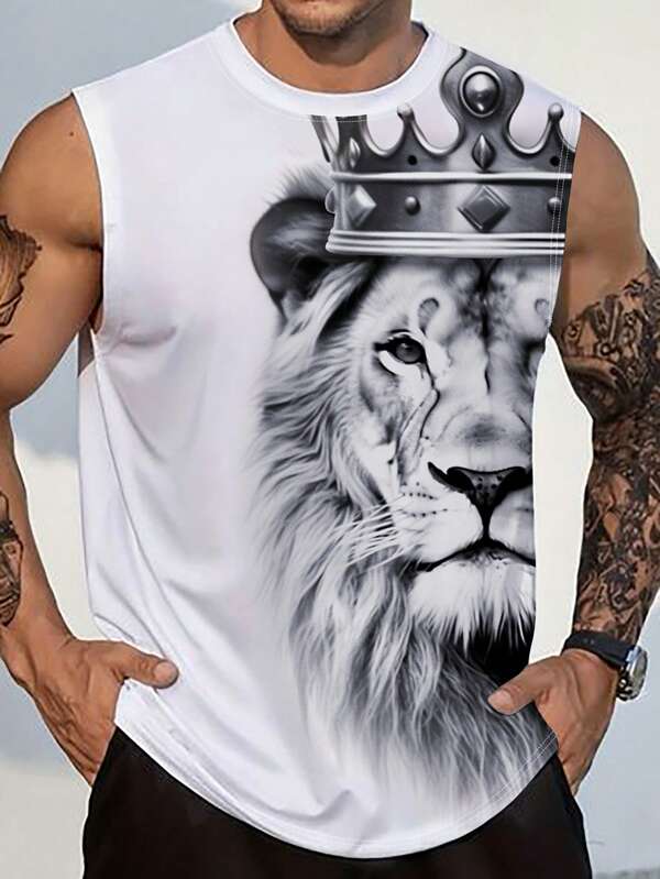 Manfinity LEGND Men's Lion Printed Funny Graphic Sleeveless Tank Top, For Vacation, Friends