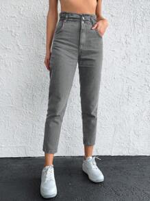 EURMUSE Paperbag Waist Mom Fit Jeans - Grey - View 4