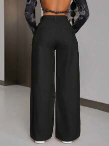 SHEIN PETITE Women Casual Solid Color Frayed Straight Leg Jeans - Black - View 2