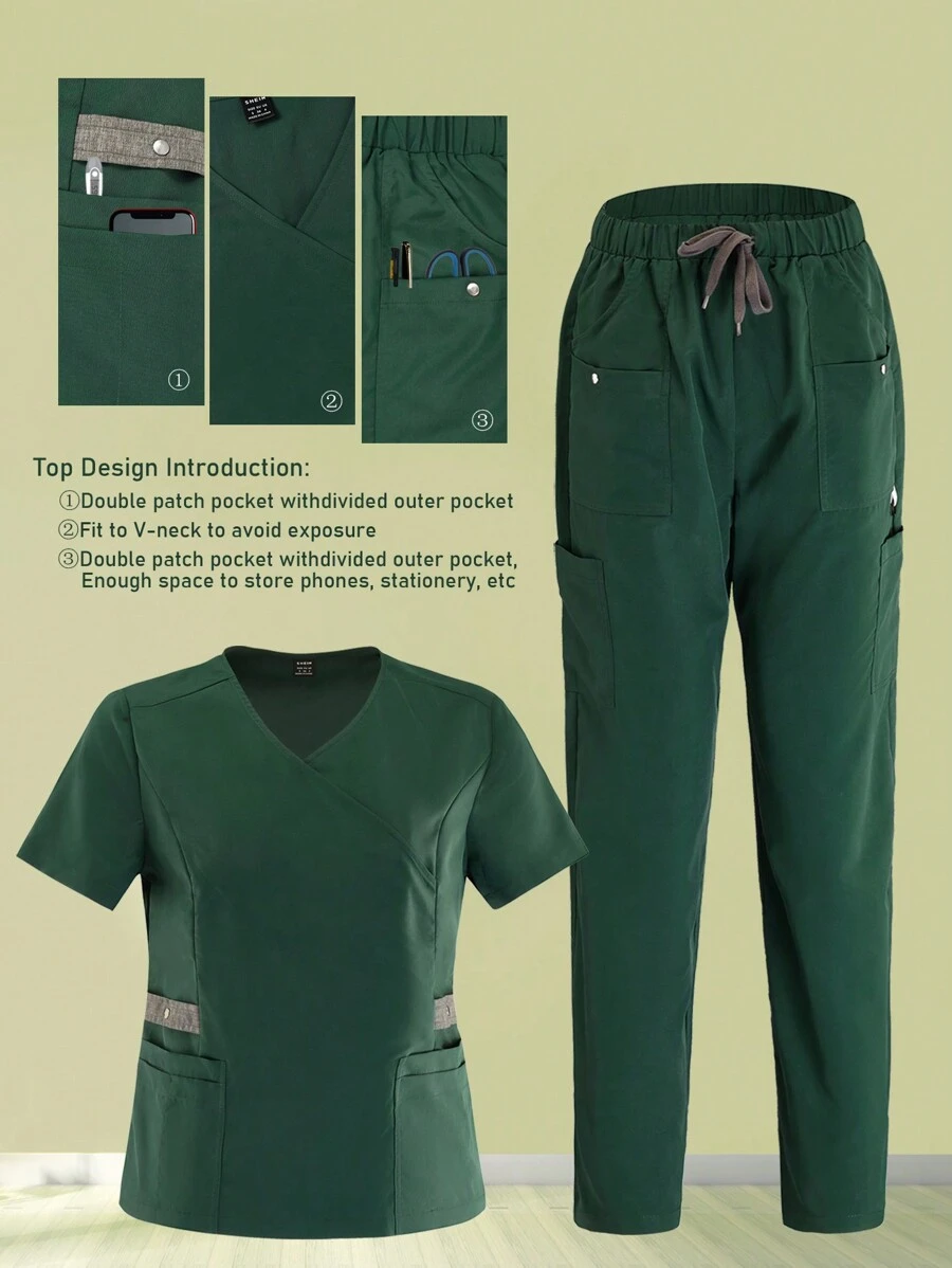 TaskEZ Slim Fit V-Neck Short Sleeve Multi-Pocket Top & Pants Scrub Uniform Sets - Dark Green - View 1