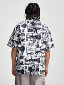 Manfinity NXTstreet Chemise décontractée d'été pour homme à manches courtes et ample avec imprimés de slogan - Noir et Blanc - Voir 2