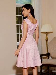 GENKIRA Textured Pattern U-Neck Cap Sleeve Waist Fit Flared Hem Dress - Pink - View 6