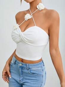 SHEIN PETITE Women Summer Plain Colored Cross Halter Neck Tank Top With Twisted Front Detail And Floral Embellishment