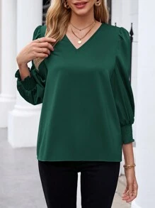 EMERY ROSE 純色女款V領燈籠袖夏季長袖襯衫 - 墨綠色 - 查看 6