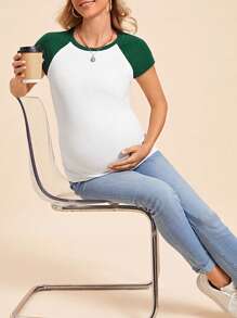 SHEIN Maternity Young Casual Round Neck Short Sleeve Regular Fit Colorblock Slim Pregnancy T-Shirt