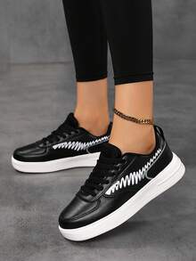 Giày thể thao thường ngày Colorblock dành cho nữ, Giày trượt đế mềm buộc dây, Giày đi bộ thoải mái cổ thấp - màu đen - Xem 3