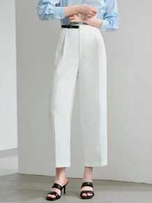 MOTF STUDIO CONTRAST BUCKLE DETAIL FOLD PLEATED STRAIGHT SUIT PANTS - White - View 4