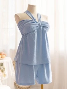 Dreamara Plus Size Women Solid Color Tie Strap A-Line Halter Top And Shorts Set For Summer - Blue - View 5