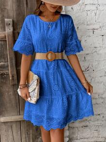 EMERY ROSE Vestido de vacaciones de ocio para mujeres de unicolor con bordado de calado