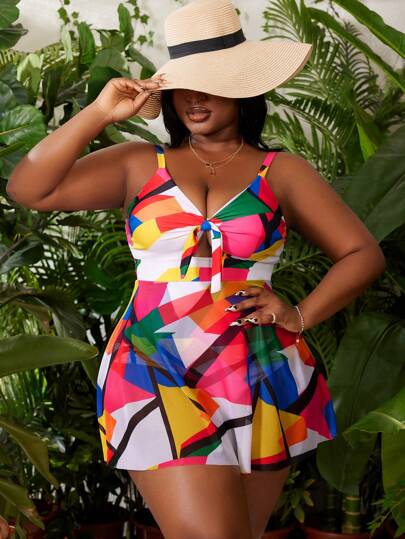 SHEIN Slayr CURVE Plus Size Summer Beach Geometric Print Swim Dress Suitable For Vacation, Pool Party