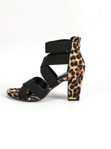 Sandálias gladiadoras femininas com estampa de leopardo multicolorida, tiras cruzadas nas costas, zíper, salto grosso e elástico, para a primavera/verão. Ideal para a estação chuvosa. - Multicolorido - Ver 3