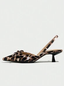Women Leopard Print Pointed Toe Kitten Heels With Bow Decor And Back Strap, Elegant And Comfortable Shoe For Daily Wear Or Outdoor Summer Dress, Made Of Satin - Multicolor - View 4