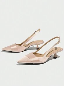 女士露跟凉鞋，搭扣设计，尖头，猫跟，后跟带。适合日常穿着和户外活动。适合春夏穿着。可搭配任何连衣裙，粉色缎面材质与连衣裙和高跟鞋都很相衬。优雅女士高跟鞋。 - 淺粉色 - 查看 5