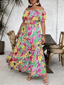 SHEIN VCAY Plus Size Nữ Ngày Lễ In Hoa Lệch Vai Ngắn Tay Bong Bóng Và Bộ Váy Midi Dài - màu xanh lá - Xem 4