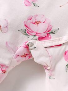 SHEIN 女婴花朵印花荷叶边装饰休闲家居服带蝴蝶结度假旅行休闲夏装 - 淺粉色 - 查看 5