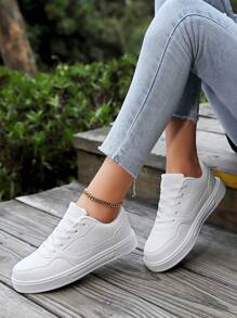 Zapatos de mujer casuales tipo tenis, suela plana suave y cordones para mayor comodidad, zapatos diarios ligeros y bajos - Blanco - Ver 4