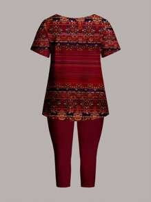 EMERY ROSE Plus Size Women's Summer Casual Retro Pattern T-Shirt And Capri Leggings Slim Fit 2pcs Set,Flower/Vacation/Spring - Burgundy - View 2