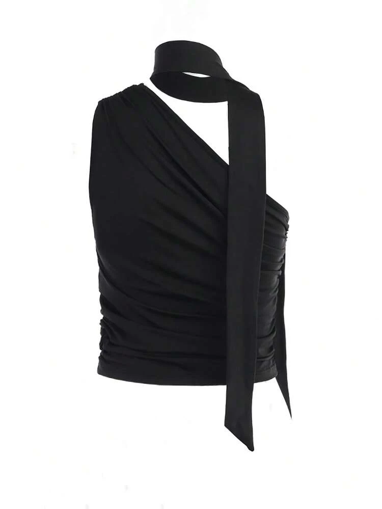 Women Solid Color Spring/Summer Top With Draped Shoulder And Neck
