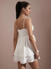 SHEIN BAE Vestido blanco de doble capa para el verano con lazos en la cintura, nudos de lazo y estilo de graduación para mujer, vestido corto de cami - Blanco - Ver 2
