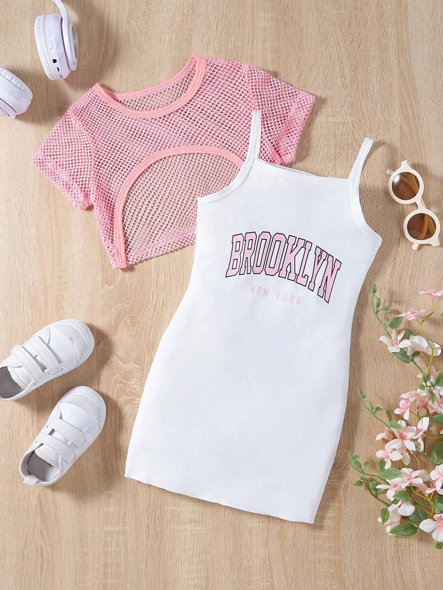 SHEIN 年輕女孩夏季休閒圓領短袖露肩帽衫和字母印花背心套裝 - 粉色 - 查看 1