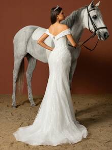 HEARBOBO 浪漫露肩亮片新娘礼服，优雅编织面料设计，婚纱 - 白色 - 查看 3