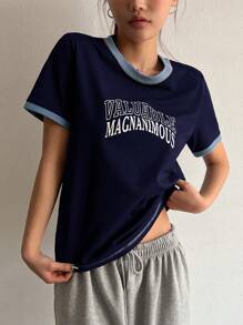 DAZY 撞色圆领宽松短袖女式T恤，字母印花和线边针织衫，秋季服装