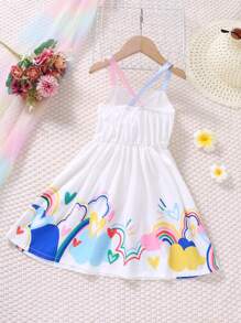 SHEIN Young Girl Rainbow & Heart Print Cami Dress